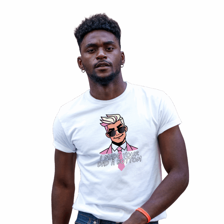 A person in a white T-shirt with a cartoon character and the text "I MADE YOUR DAD A BOTTOM" printed on it.