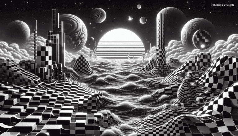 Surreal black and white landscape with checkered hills, a striped sun, and planets or moons in the starry sky.