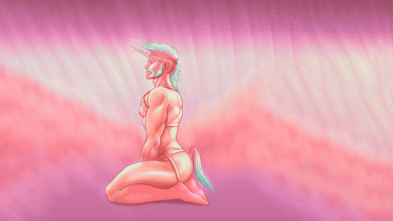 A person with unicorn features kneels in a pink and purple ethereal landscape, wearing minimal clothing and a blindfold.