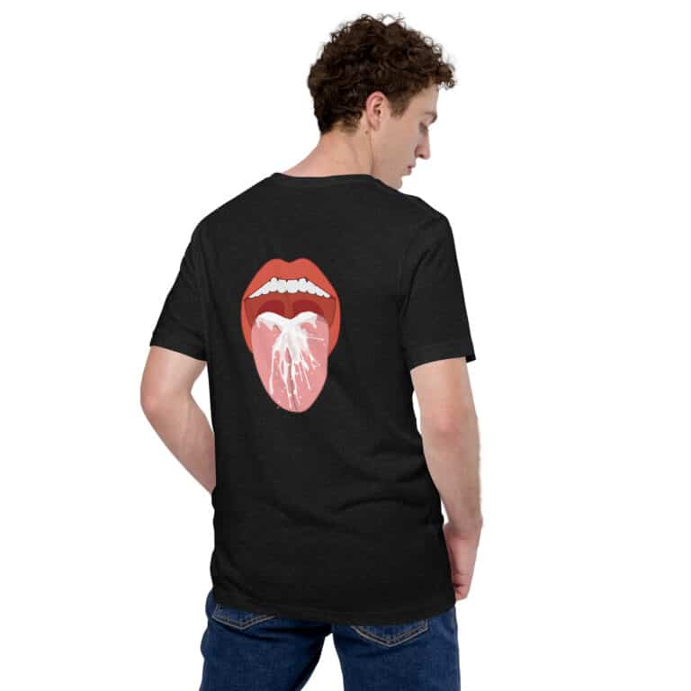 Wearing the "Thirsty" black T-shirt, a person displays a striking graphic on the back featuring an open mouth savoring a flower, artistically capturing an essence of thirst.