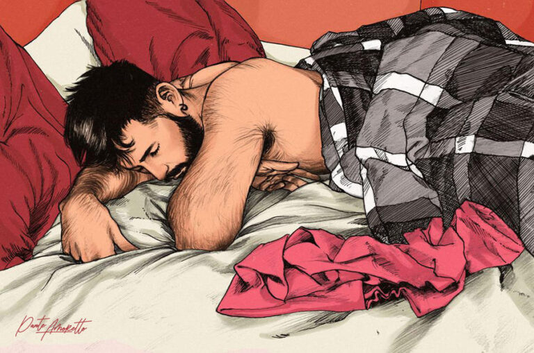 Illustration of a bearded man sleeping on his side in bed with a checkered blanket and red pillows, with a red shirt lying on the sheets beside him.