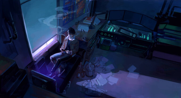 A person sits on a sofa in a dimly lit room, surrounded by glowing monitors and scattered papers, engrossed in their tablet—a cozy snapshot of the gaymers' late-night gaming or study session.