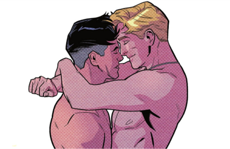 Two shirtless men with different hair colors embrace closely and touch foreheads, smiling at each other against a plain white background.