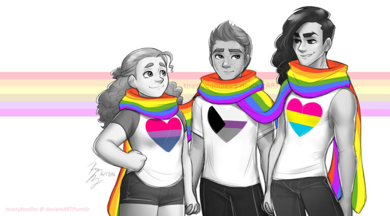 Three people stand side by side at Stonewall Pride 2025 in Florida, each wearing a rainbow-striped scarf and a T-shirt showing a bisexual, asexual, or pansexual pride flag heart, with a pastel rainbow background behind them.