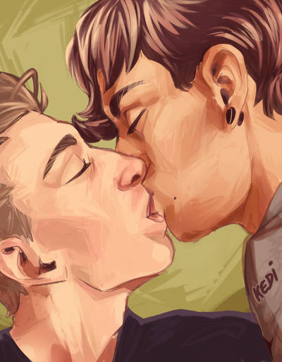A digital illustration of two young men sharing a kiss, with soft lighting and muted green background.