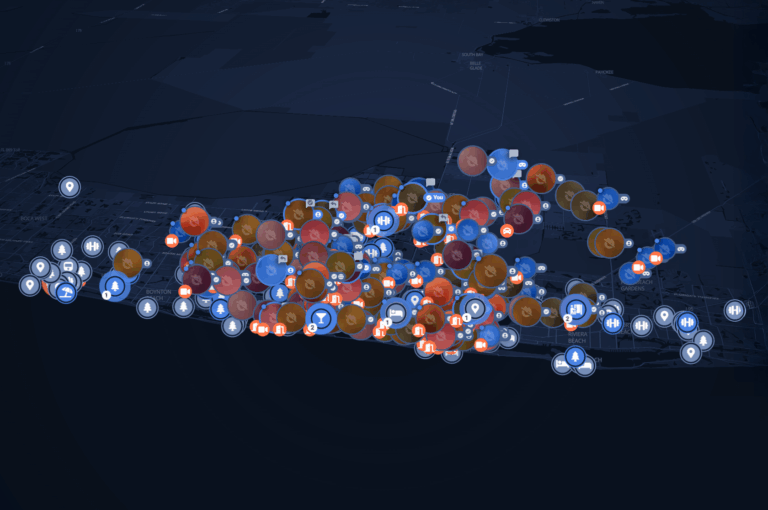 A digital map with numerous colored icons and circles clustered over an urban area, indicating various points of interest or incidents.