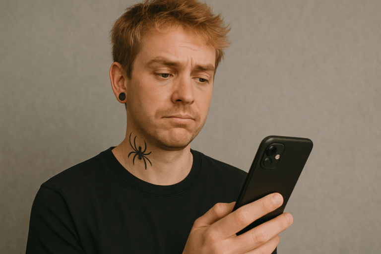 A person with a spider tattoo on their neck and stretched earlobes looks at a smartphone with a concerned expression, perhaps reading messages about hookups, standing against a plain background.