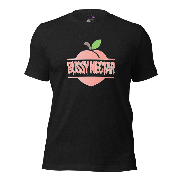 The Bussy Nectar black t-shirt features a peach graphic and "Bussy Nectar" in pink stylized font on the front.