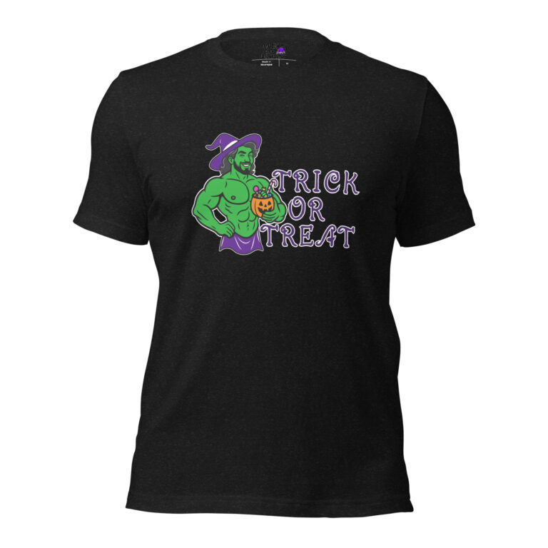 The "Trick or Treat" black t-shirt shows a green muscular man in a witch hat holding a pumpkin, with "Trick or Treat" in purple Halloween-style font.