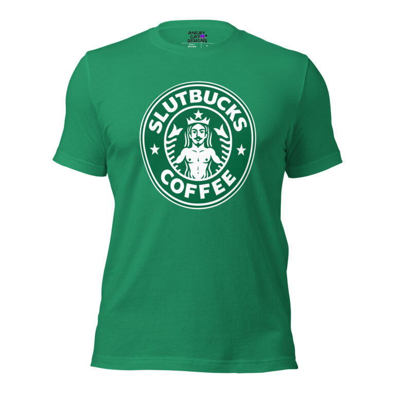 Slutbucks Coffee green t-shirt with a white circular logo, inspired by the classic Starbucks design and featuring a playful, reimagined mermaid graphic.
