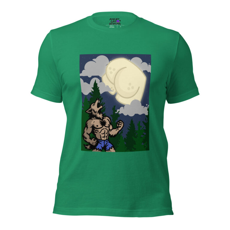 Full Moon green t-shirt with a werewolf howling at a cartoon butt-shaped full moon, set against trees and a night sky background.