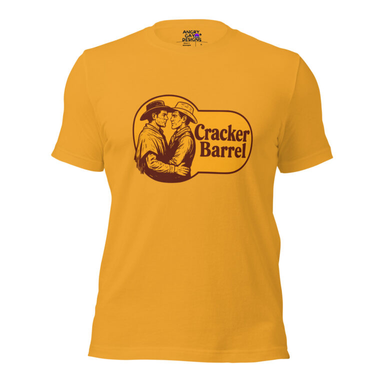 A yellow T-shirt featuring the Cracker Barrel logo, redesigned to show two cowboys embracing inside the graphic.
