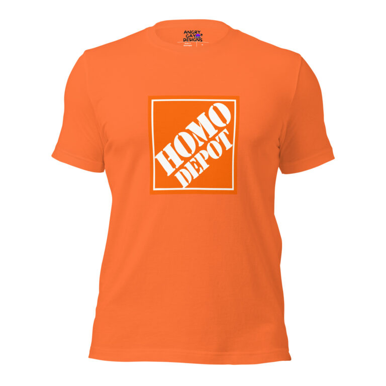 The Homo Depot t-shirt is orange and showcases a bold white and orange "HOMO DEPOT" graphic in stylized letters.