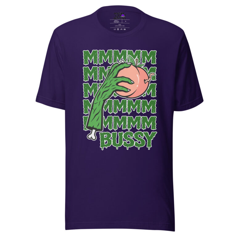 The MMM Bussy t-shirt is purple and features a green hand grabbing a peach, with "MMMMMM" repeated above and "BUSSY" in bold green letters below.