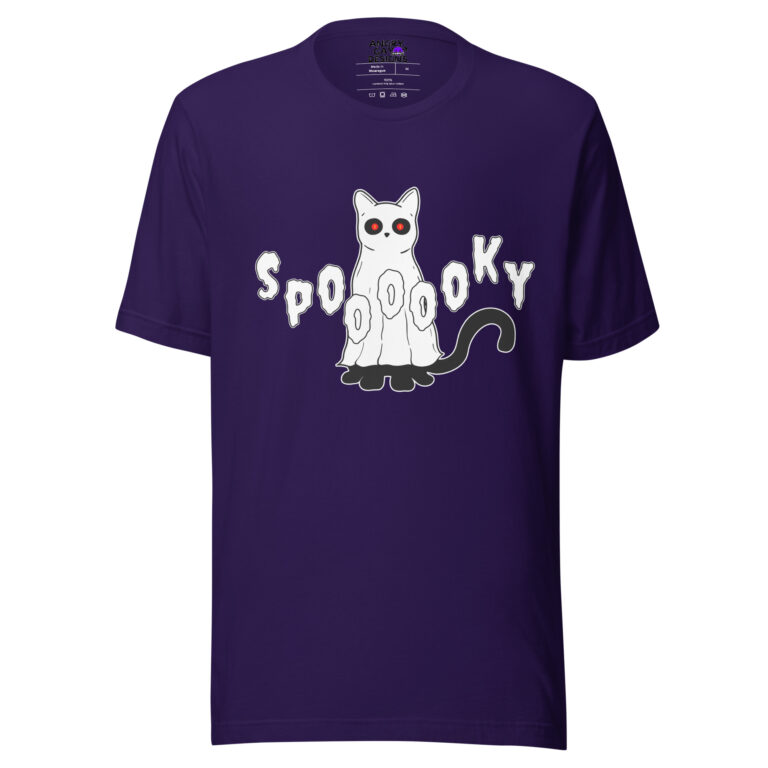 The Spooky T-shirt is purple and features a cartoon cat dressed as a ghost, with "Spooky" in white, stylized letters above and around the cat.