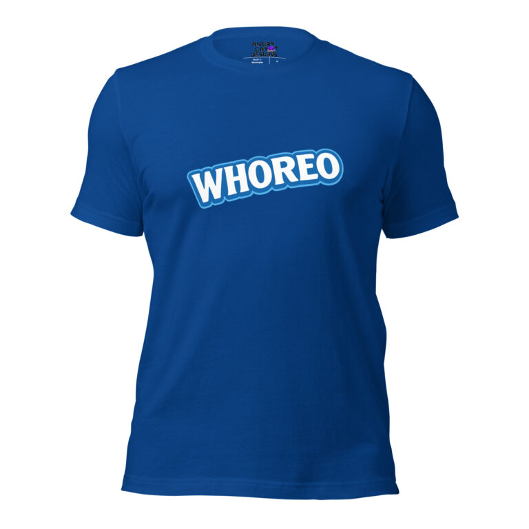 A blue t-shirt featuring the product name "WHOREO" printed in large, bold white letters across the chest.