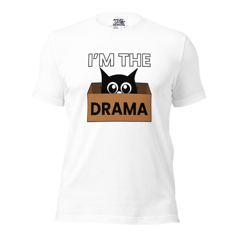 The "I'm The Drama" white T-shirt features a black cat with wide eyes peeking out of a brown box labeled "DRAMA," with "I'M THE" text above.