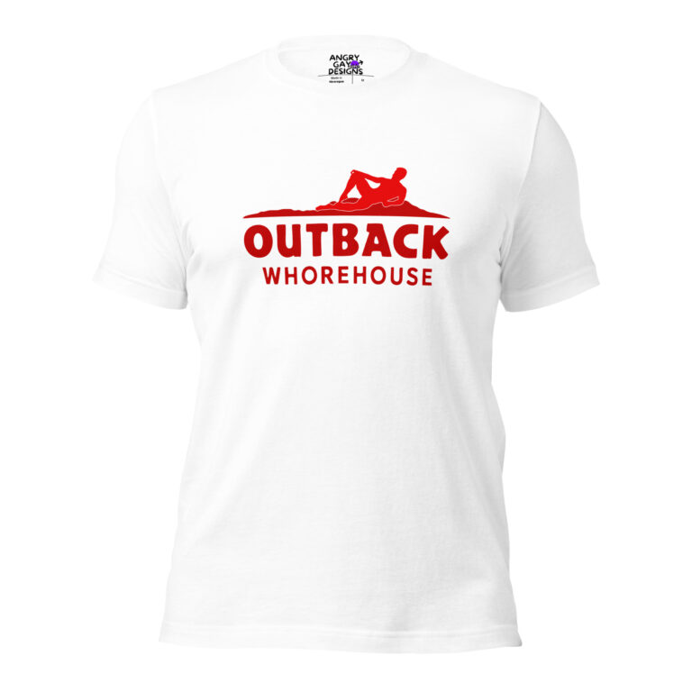 The Outback Whorehouse T-shirt features a red graphic of a reclining figure and the text "OUTBACK WHOREHOUSE" printed on the front.