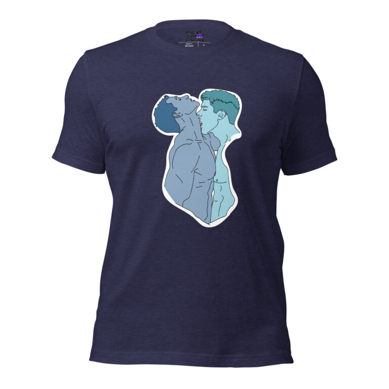 Blueberry Kiss Me: Navy blue t-shirt with an illustrated graphic in shades of blue showing two shirtless men facing each other.
