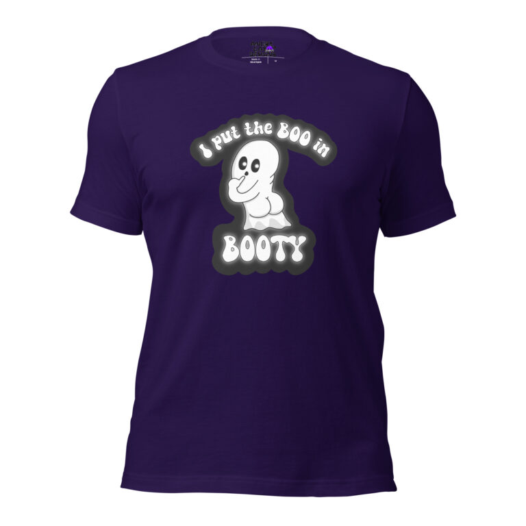 A purple t-shirt named "I Put The Booty in Booty," featuring a cartoon ghost and playful text printed on the front.