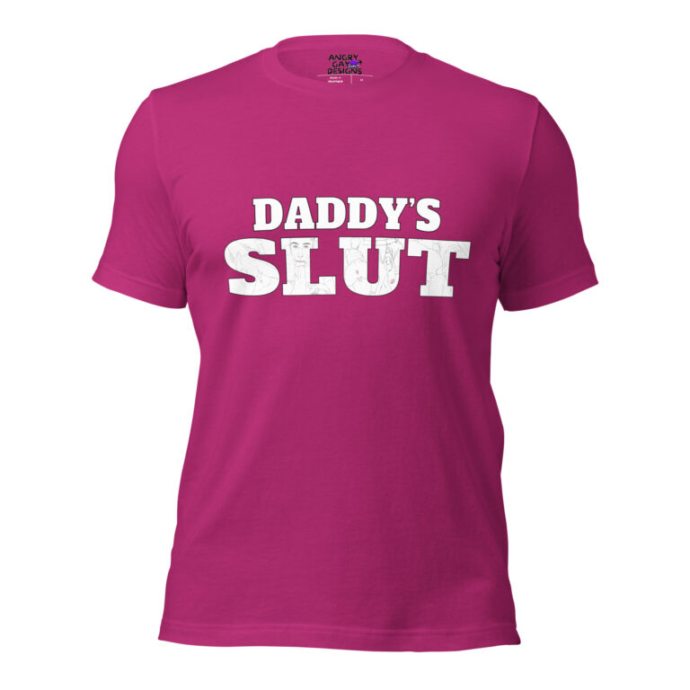 A bold magenta T-shirt named "Daddy's Slut" with striking white capital letters printed on the front.