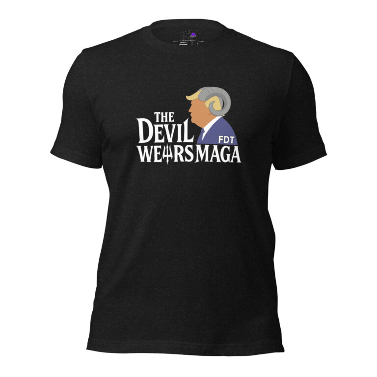 The Devil Wears MAGA t-shirt features a graphic of a blond-haired person with horns and bold “The Devil Wears MAGA FDT” text—a bold statement piece for those with an interest in politics.