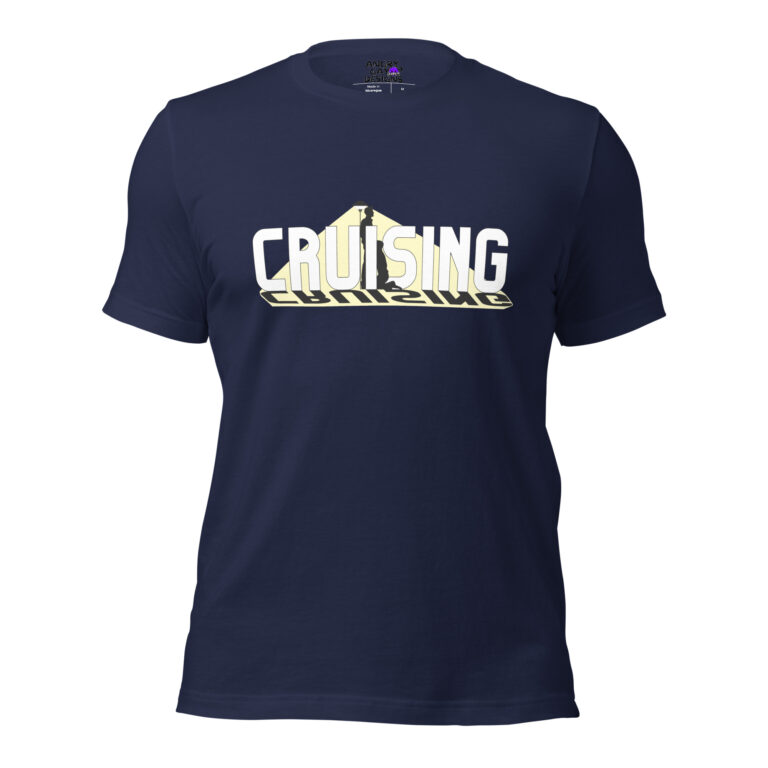 The "Cruising" navy blue t-shirt features bold white and yellow "CRUISING" text and a silhouette sneaking across a sloped rooftop, set against dramatic shadowy backgrounds.