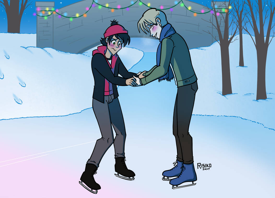 Two people ice skating together outdoors near a snow-covered bridge with colorful string lights, holding hands for support.