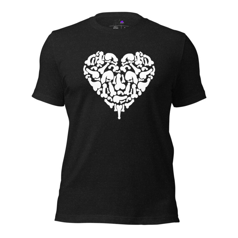 The Heart t-shirt is black with a white chest graphic featuring a heart made from cartoon-style body parts and abstract shapes.