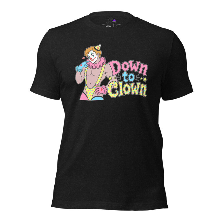 Down to Clown shirt in black heather — flirty cartoon clown graphic tee by Angry Gay Designs