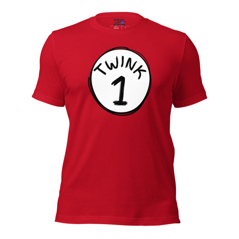 Twink 1 shirt in red — funny gay couple parody tee by Angry Gay Designs