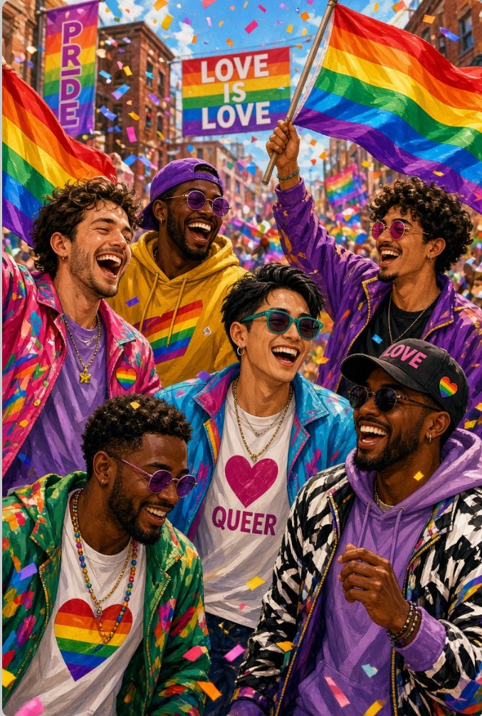 Diverse group of gay men celebrating together at a Pride street party