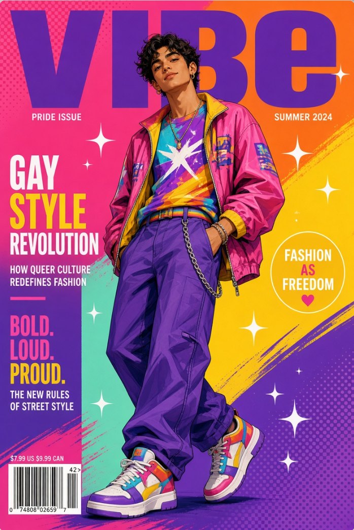 Bold magazine-cover illustration celebrating gay twink style and fashion