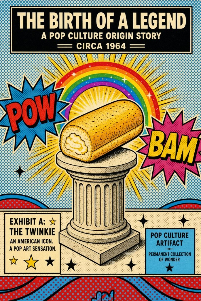 Pop-art illustration of a cream-filled snack cake, a playful nod to the origin of the word twink