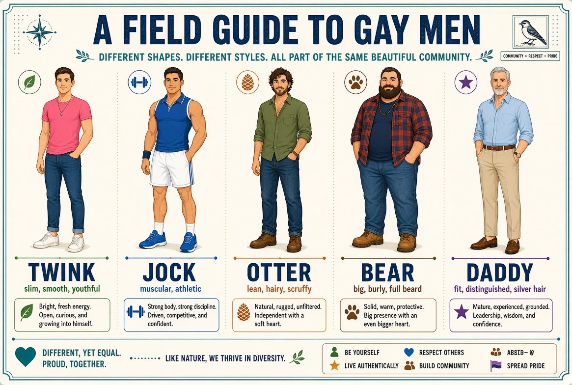 Illustrated field guide comparing gay tribes - twink, jock, otter, bear and daddy