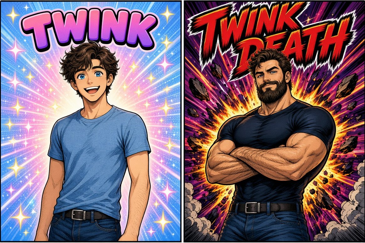 Funny two-panel meme: a slim young twink on the left and a bearded, muscular twink death on the right